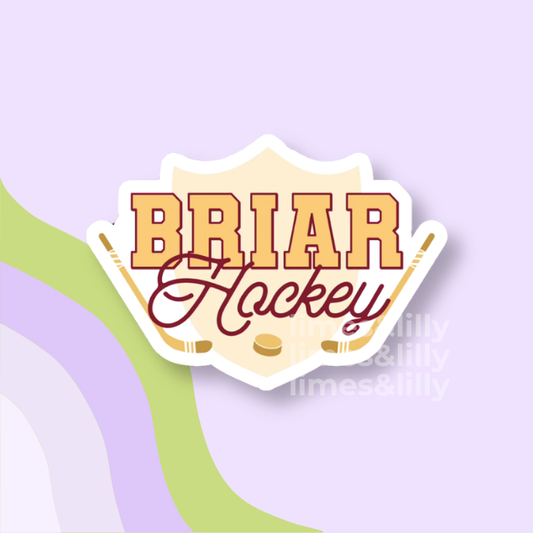 Sticker with 'Briar Hockey' text on a light purple background