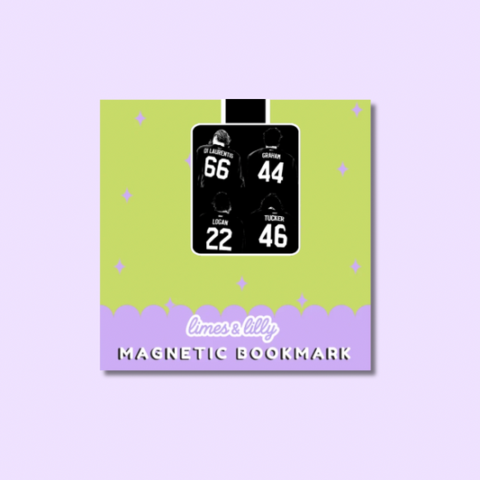 Magnetic bookmark with numbers and names on a green and purple background