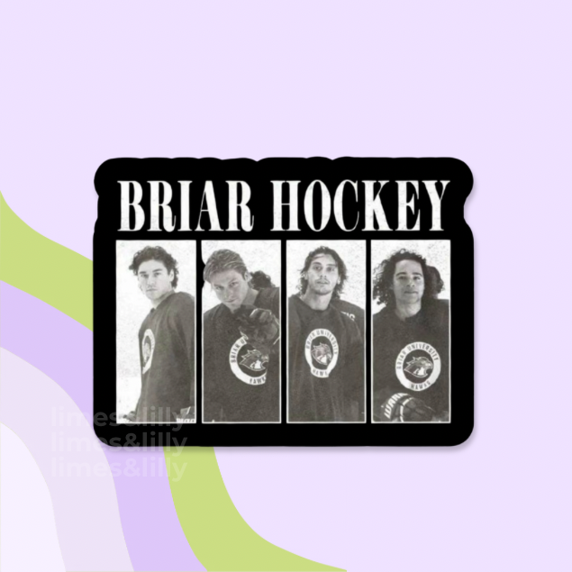 Sticker with 'Briar Hockey' text and four black and white images of a person on a light purple background.