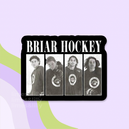 Sticker with 'Briar Hockey' text and four black and white images of a person on a light purple background.