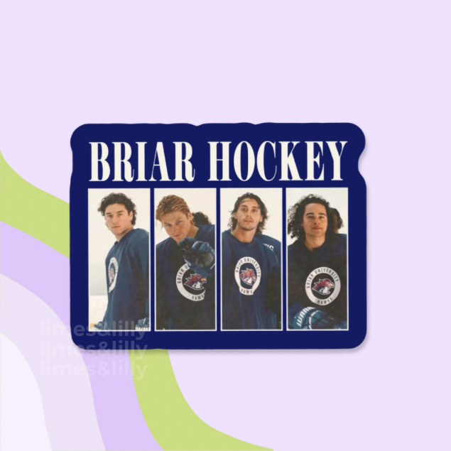 Briar Hockey product with four images of a person wearing a hockey jersey on a light purple background.