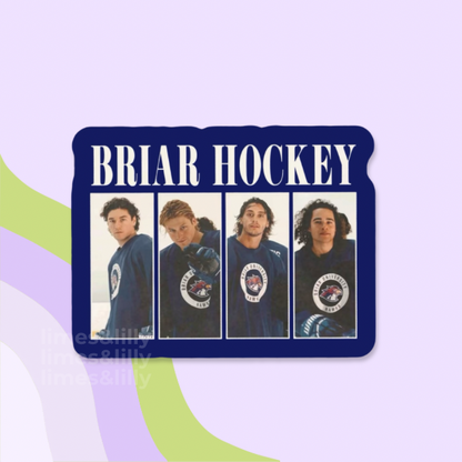 Briar Hockey product with four images of a person wearing a hockey jersey on a light purple background.