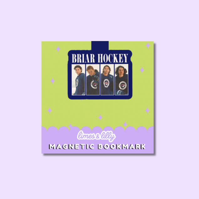 Magnetic bookmark with 'Briar Hockey' design on a light purple background
