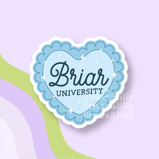 Heart-shaped sticker with 'Briar University' text on a light purple background