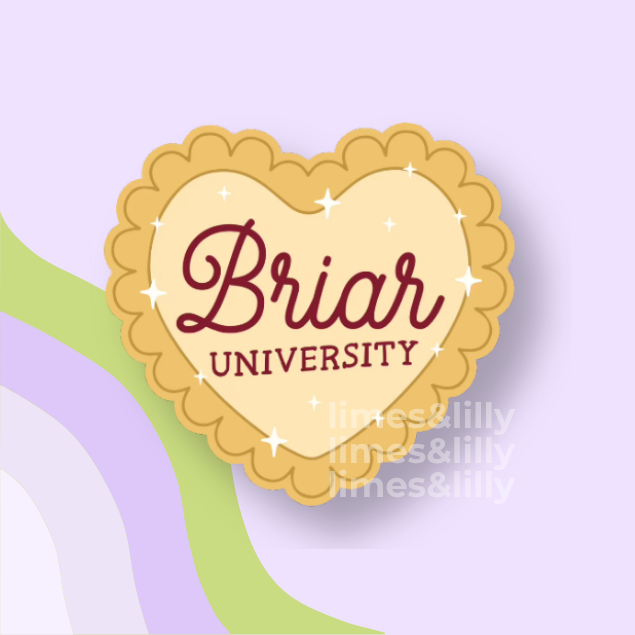 Heart-shaped cookie with 'Briar University' text on a light purple background