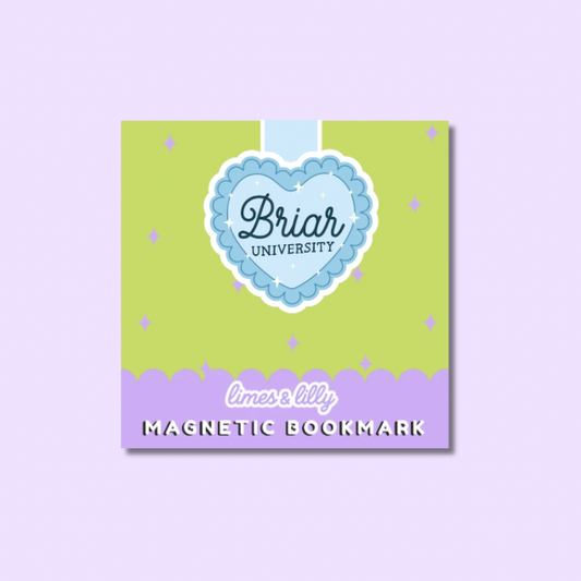 Magnetic bookmark with 'Briar University' design on a purple background