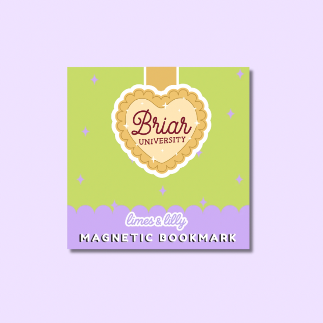 Magnetic bookmark with heart-shaped 'Briar University' logo on a green and purple background