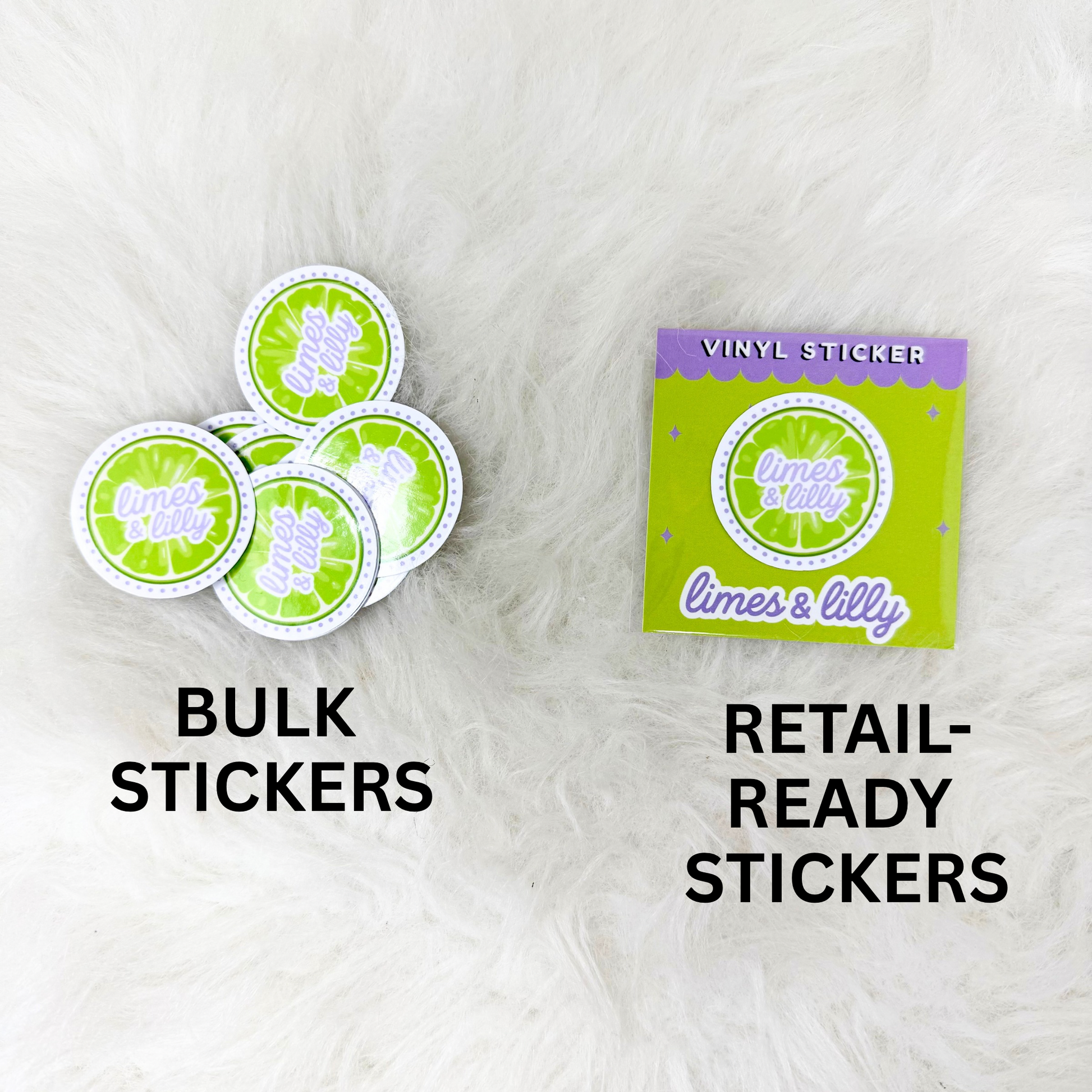 Vinyl stickers labeled 'Bulk Stickers' and 'Retail-Ready Stickers' on a white background.
