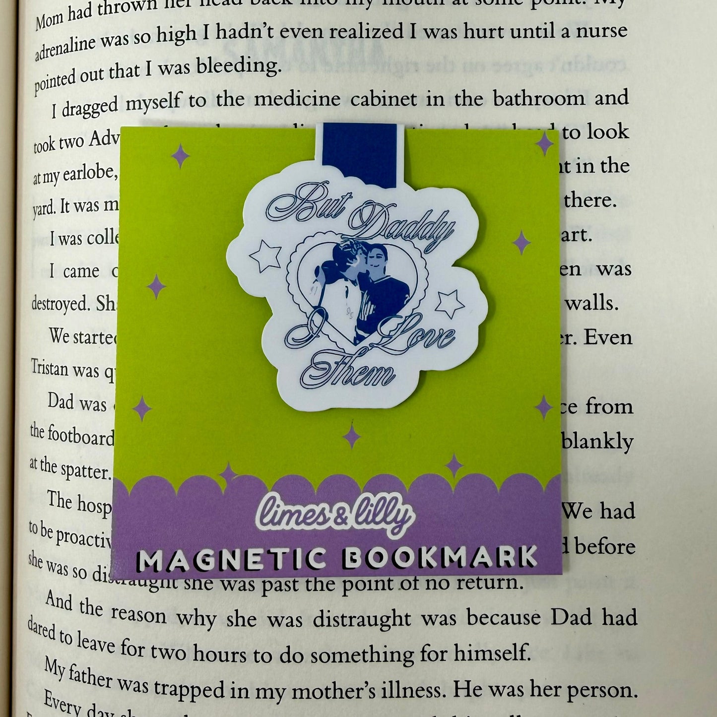Magnetic bookmark with a design on an open book