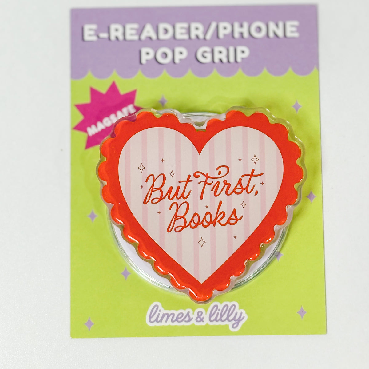 But First, Books Orange Heart MagSafe Kindle & Phone Grip