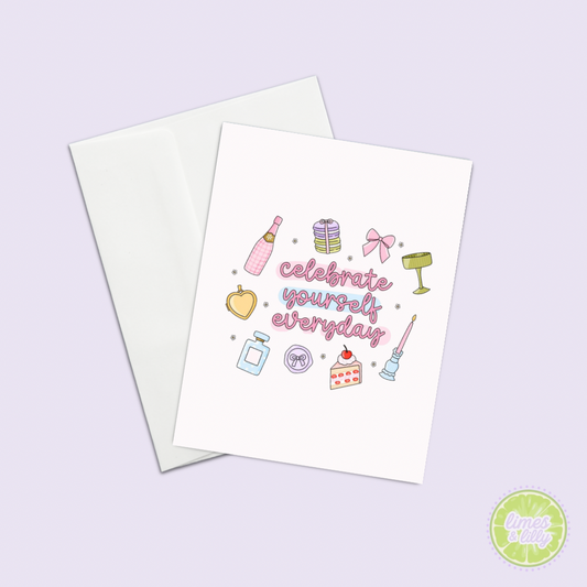 Greeting card with celebratory illustrations and text on a light purple background
