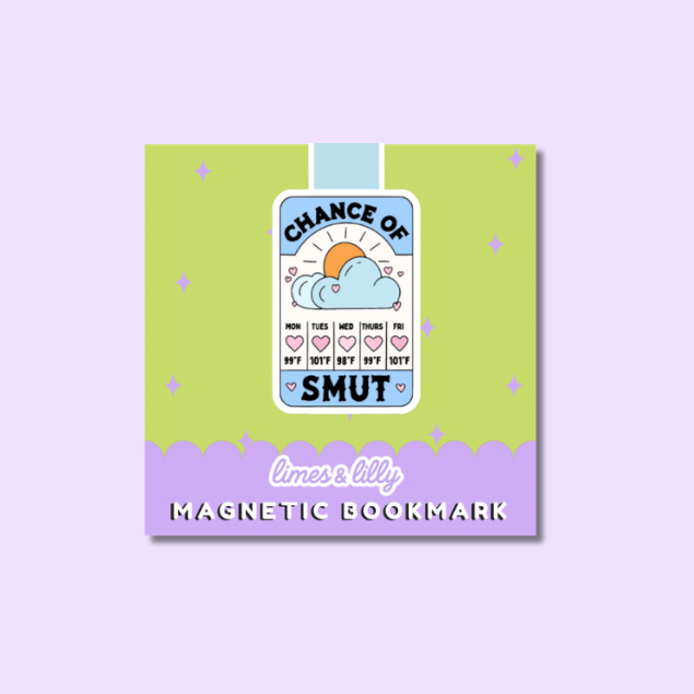 A square product mockup of a magnetic bookmark card on a light lavender background. The card features a lime green top section with a blue sky and sun illustration reading 'CHANCE OF SMUT', a lavender bottom section with the text 'limes & lilys' and 'MAGNETIC BOOKMARK', and a small blue tab at the top.