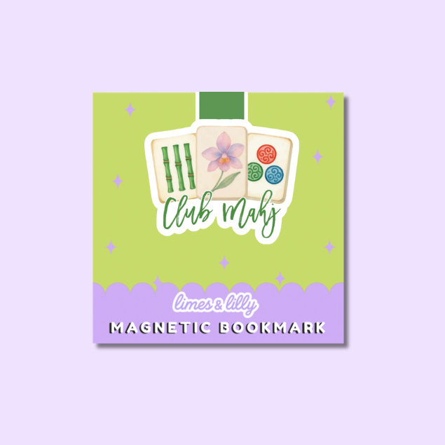 A square magnetic bookmark card for 'Club Mahsy' by 'limes & lily', featuring a lime green top half with a white-outlined illustration of mahjong tiles and a pink flower, and a lavender bottom half with the text 'MAGNETIC BOOKMARK'. The card is centered on a light lavender background.