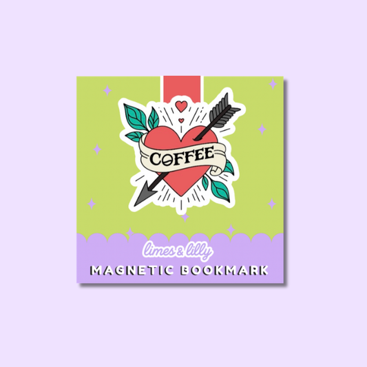 A square magnetic bookmark with a retro tattoo-style heart and arrow graphic reading 'COFFEE' on the top half and 'limes & lily MAGNETIC BOOKMARK' on the bottom half, shown centered on a pale lavender background.