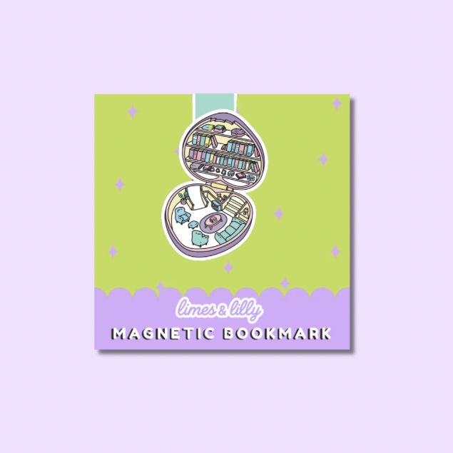 A square product card for a magnetic bookmark featuring a whimsical illustration of an open book with bookshelves and books inside, on a lime green background with a lavender bottom band. The text reads 'limes lily' and 'MAGNETIC BOOKMARK'.