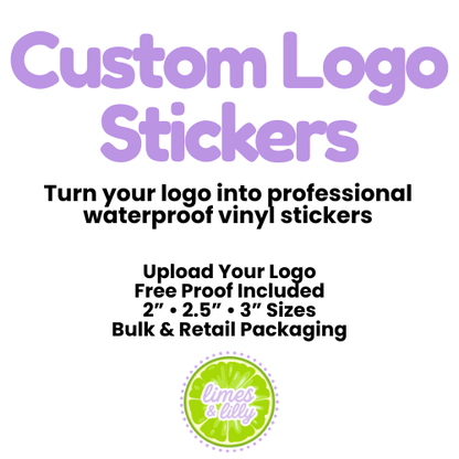 Advertisement for custom logo stickers with text and a logo on a white background
