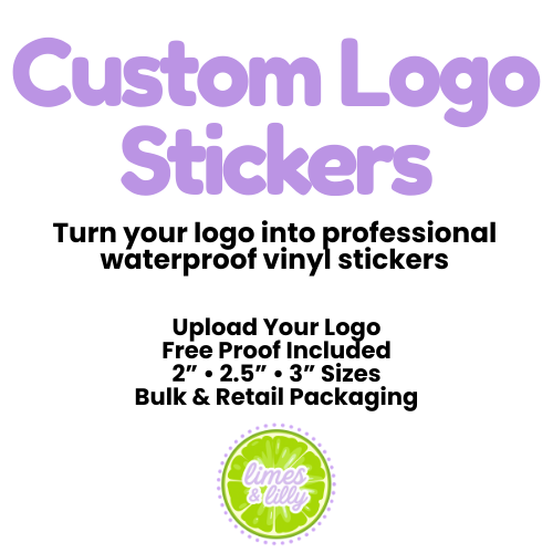 Advertisement for custom logo stickers with text and a logo on a white background