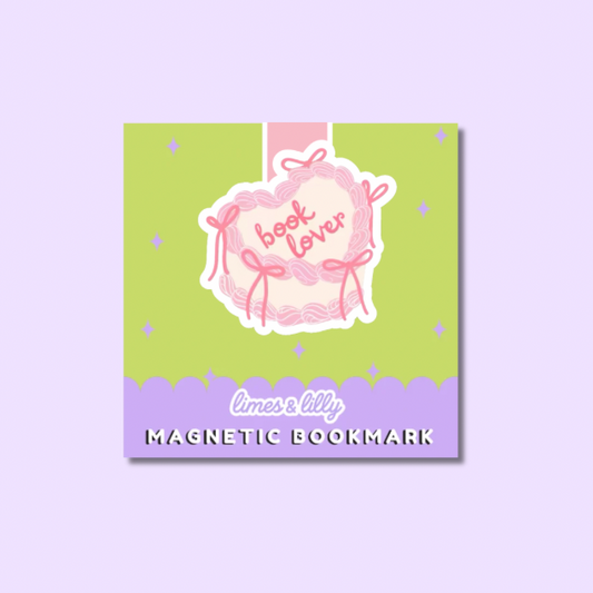 Magnetic bookmark with 'book lover' design on a green and purple background