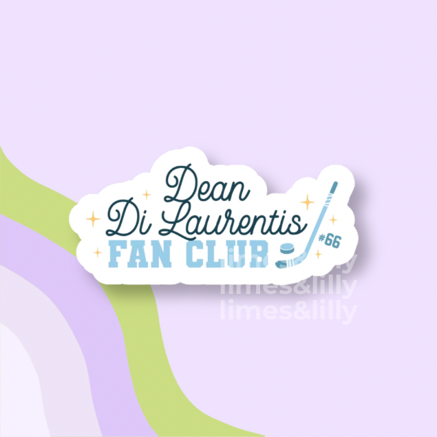 Sticker with 'Dean Di Laurentis Fan Club' text on a light purple background