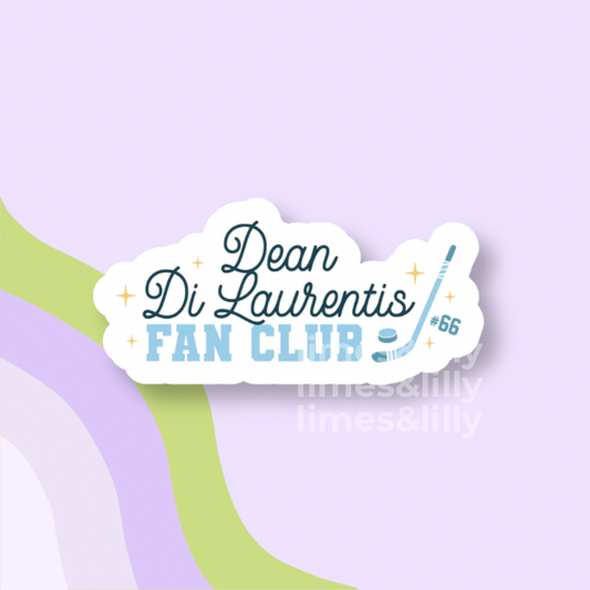 Sticker with 'Dean Di Laurentis Fan Club' text on a light purple background