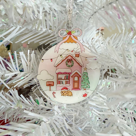 Book Cottage Home Snow Pink Winter Ornament | 3” Acrylic