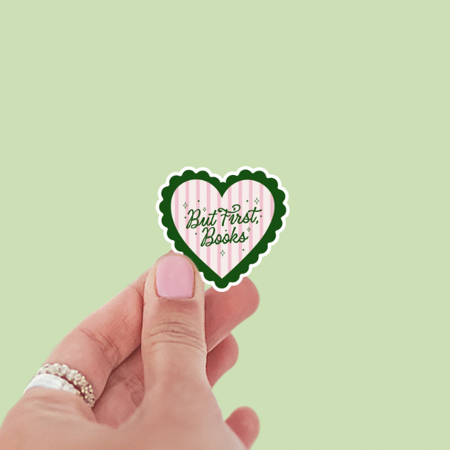 But First, Books Preppy Scallop Heart Vinyl Sticker