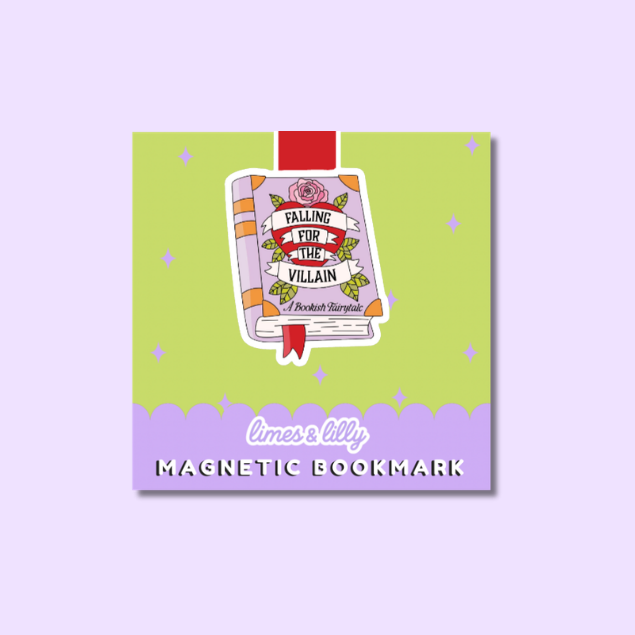 A square product card displaying a decorative sticker or magnet designed to look like a book bookmark. The card has a light purple background with a lavender scalloped band at the bottom reading 'times billy MAGNETIC BOOKMARK.