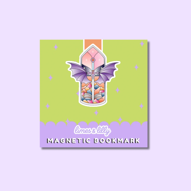 A square product card displaying a decorative magnetic bookmark. The card has a light green upper section with small purple star accents and a lavender bottom section with the text 'limes & lily' and 'MAGNETIC BOOKMARK'.