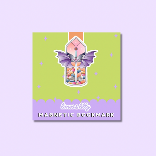 A square product card displaying a decorative magnetic bookmark. The card has a light green upper section with small purple star accents and a lavender bottom section with the text 'limes & lily' and 'MAGNETIC BOOKMARK'.