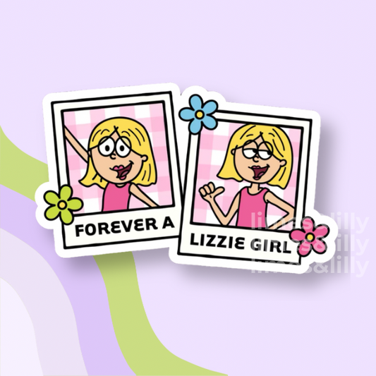 Two stickers with a cartoon character and text on a light purple background