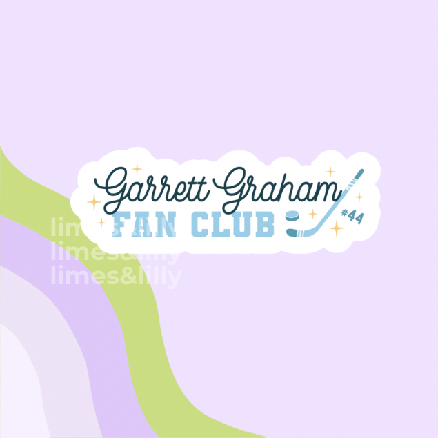 Sticker with 'Garrett Graham Fan Club' text on a light purple background