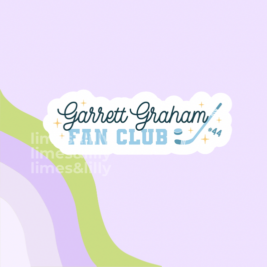 Sticker with 'Garrett Graham Fan Club' text on a light purple background