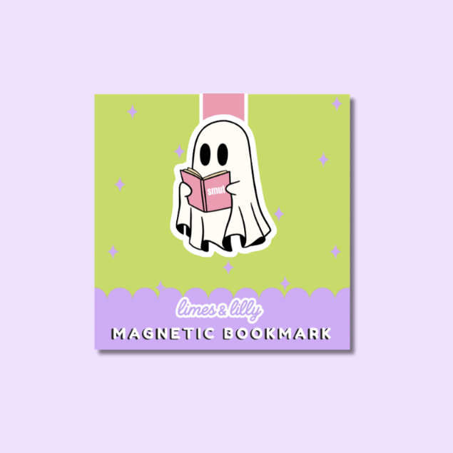 A square magnetic bookmark featuring a cute cartoon ghost reading a pink book, set against a lime green background with a lavender bottom banner. The text 'limes & lily' and 'MAGNETIC BOOKMARK' is printed on the design.
