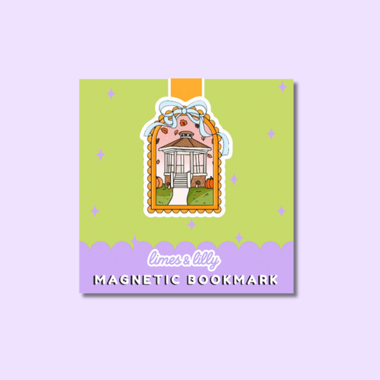 A square decorative magnetic bookmark with a pastel design. The top portion is light lime green with small lavender star accents, and the bottom is lavender with the text 'limes & lily MAGNETIC BOOKMARK' in white.