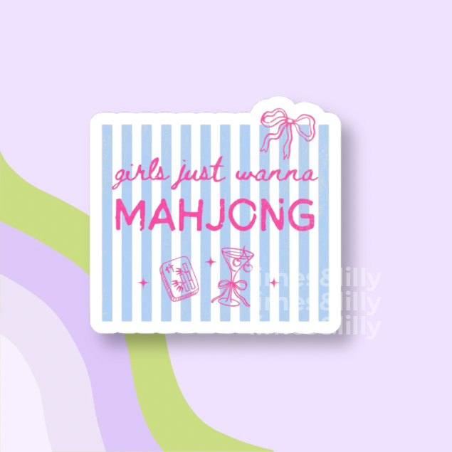 Card with 'girls just wanna MAHJONG' text on a striped background