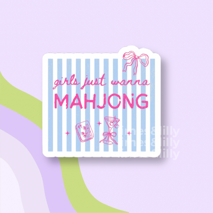 Card with 'girls just wanna MAHJONG' text on a striped background
