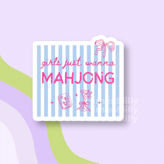 Card with 'girls just wanna MAHJONG' text on a striped background