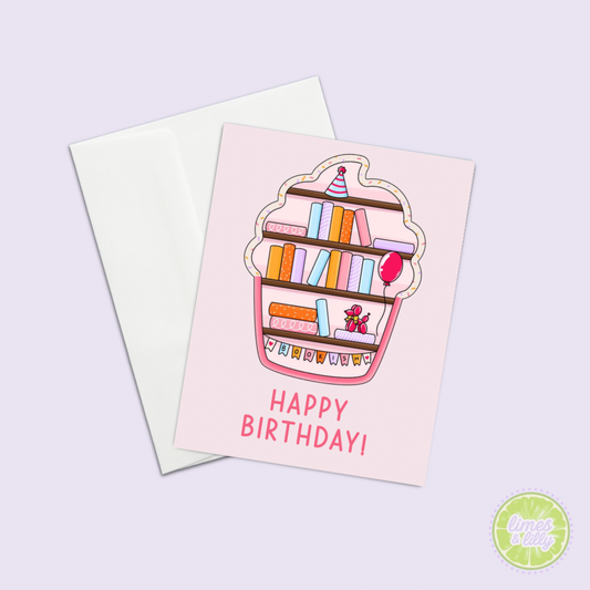 Birthday card with a cupcake design and 'Happy Birthday!' text on a light purple background