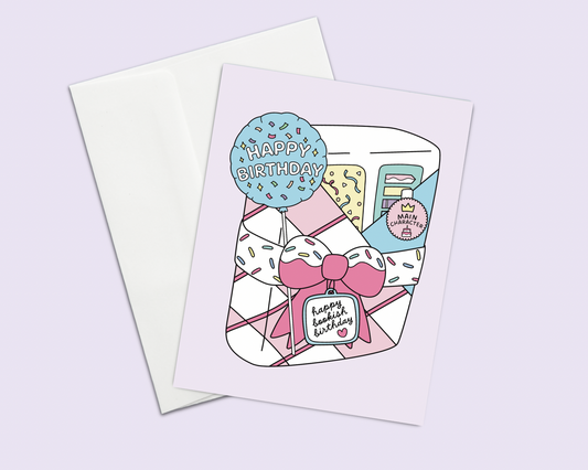 Greeting card with birthday-themed design on a light purple background