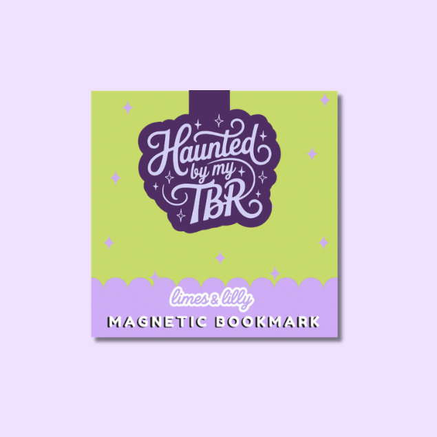 A square magnetic bookmark card with a lime green top section and a lavender bottom banner. The center features a dark purple label with the phrase 'Haunted by my TBR' in stylized white script, surrounded by small white stars.
