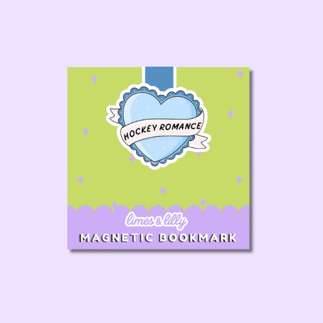 Magnetic bookmark with heart design and text on a green and purple background