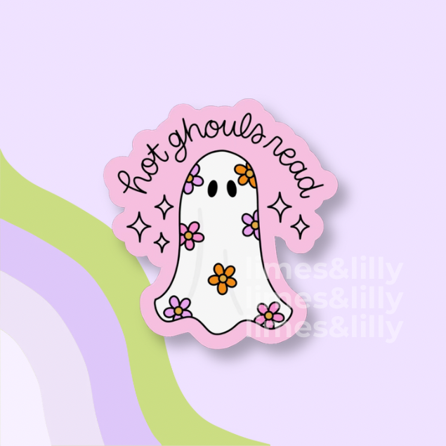 A die-cut sticker featuring a cute cartoon ghost with the phrase 'no ghosts read' in black script, decorated with small purple and orange flowers. The sticker is presented on a pastel purple background with abstract wavy stripes in green and lavender.