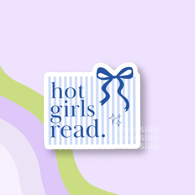 Sticker with 'hot girls read.' text and a blue bow on a light purple background