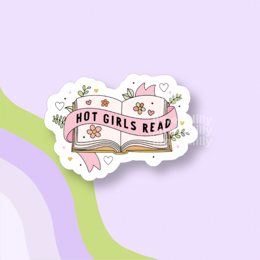 Sticker with 'Hot Girls Read' text on a stylized book against a light purple background