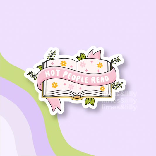 Sticker with an open book and pink banner on a light purple background