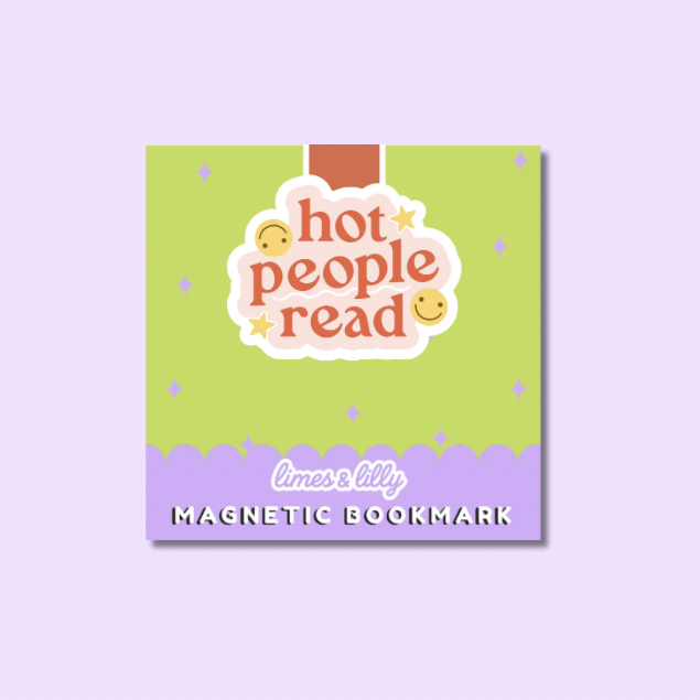 Magnetic bookmark with 'hot people read' text on a green and purple background