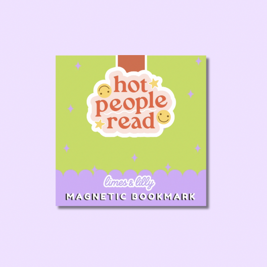 Magnetic bookmark with 'hot people read' text on a green and purple background