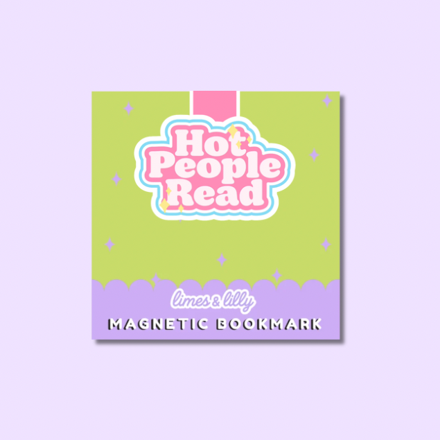Magnetic bookmark with 'Hot People Read' text on a light purple background