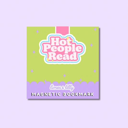 Magnetic bookmark with 'Hot People Read' text on a light purple background