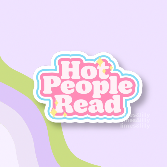 Sticker with 'Hot People Read' text on a pastel background
